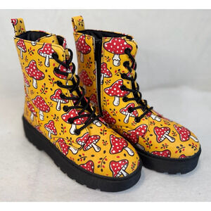 Yoki Yellow Red Mushroom Boots Vegan Leather Lug Sole Combat Size 6